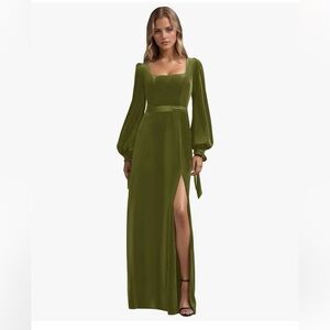 Olive Green Long Sleeve Velvet Maxi Dress with Thigh Slit